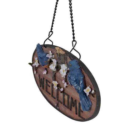 12" Bluebirds & Flowers Hanging Welcome Sign